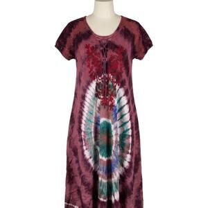 Mamta Maxi Dress OS Burgundy Tie Dye Boho Hippie Fairy Beach Lace Up Embroidered